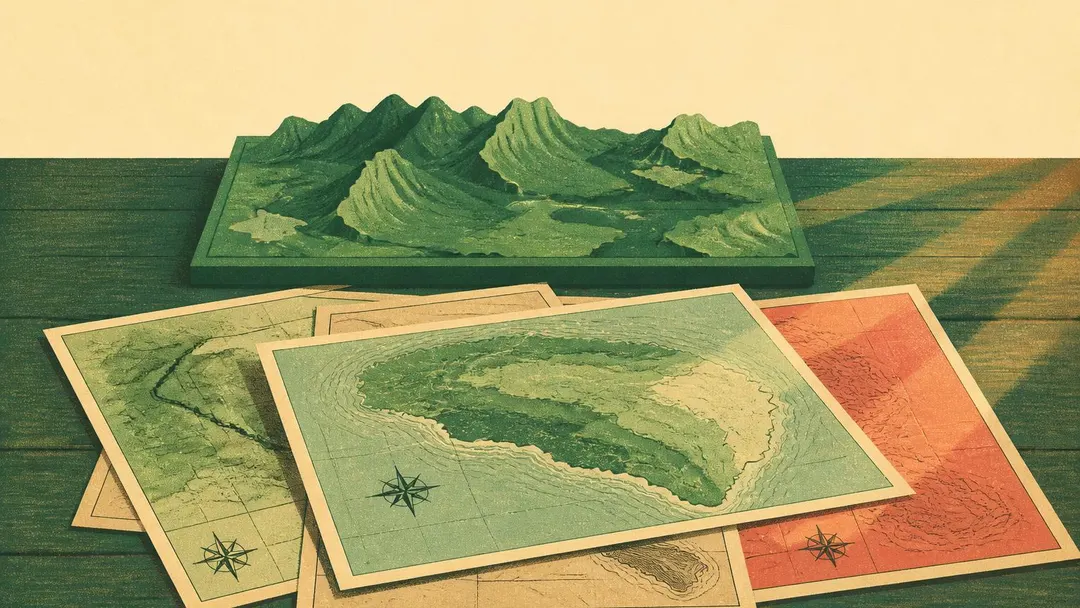 Ilustração: mapas antigos sobrepostos em mesas de madeira, com um mapa em relevo ao fundo, sob luz de fim de tarde